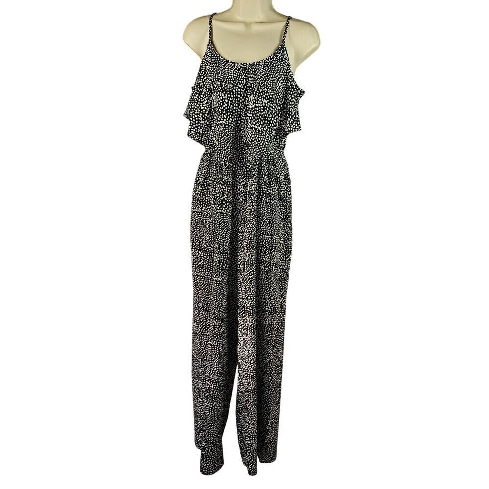 Bar III Sleeveless Flounce Front Jumpsuit Sz M Black White Adjust Strap Wide Leg